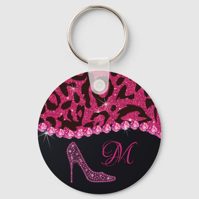 Bling Sparkle Diamond Glitter Leopard Pink Keychain (Front)