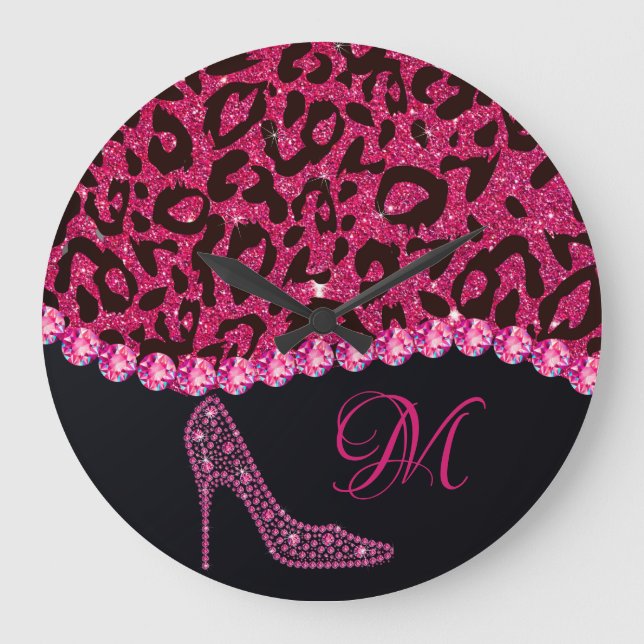 Bling Sparkle Diamond Glitter Leopard Pink Large Clock (Front)