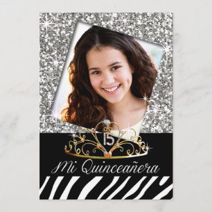Bling Tiara Zebra Quinceañera 15th Birthday silver Invitation