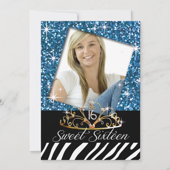 Bling Tiara Zebra Sweet 16 Birthday Celebration Invitation (Front)