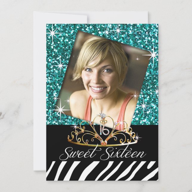 Bling Tiara Zebra Sweet 16 Birthday Celebration Invitation (Front)