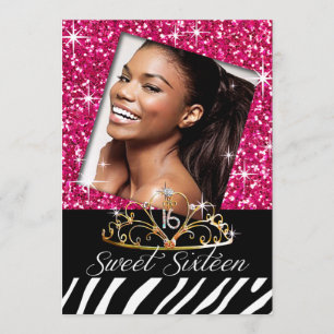 Bling Tiara Zebra Sweet 16 Birthday Celebration Invitation