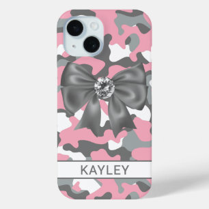 Blingy Pink Grey Camouflage Personalized iPhone 15 Case