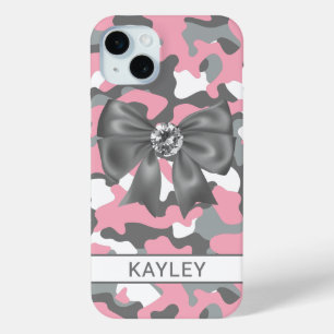 Blingy Pink Grey Camouflage Personalized iPhone 15 Mini Case