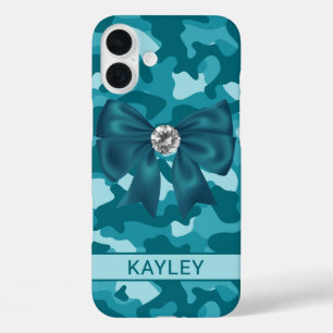 Blingy Teal Camouflage Personalized iPhone 16 Plus Case