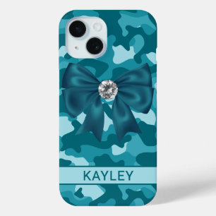 Blingy Teal Camouflage Personalized iPhone 15 Case