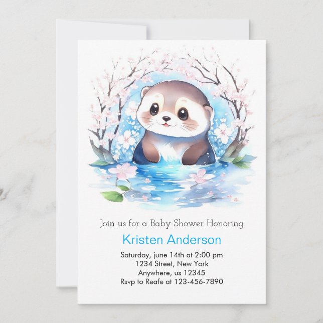 Blissful Blue Wildflower Otter Boy Baby Shower Invitation (Front)