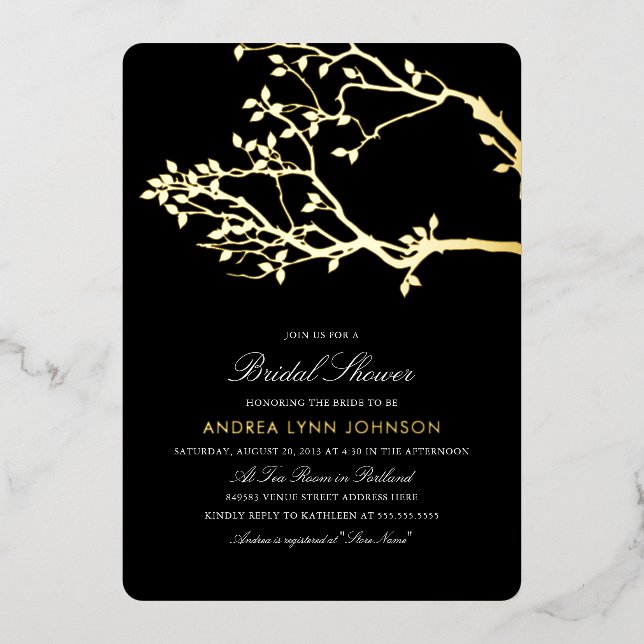Blissful Branches Bridal Shower Gold  Foil Invitat (Front)
