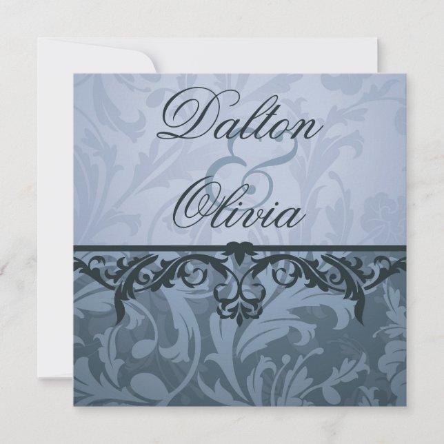 Blissful Brocade Blue Floral Wedding Invitation (Front)