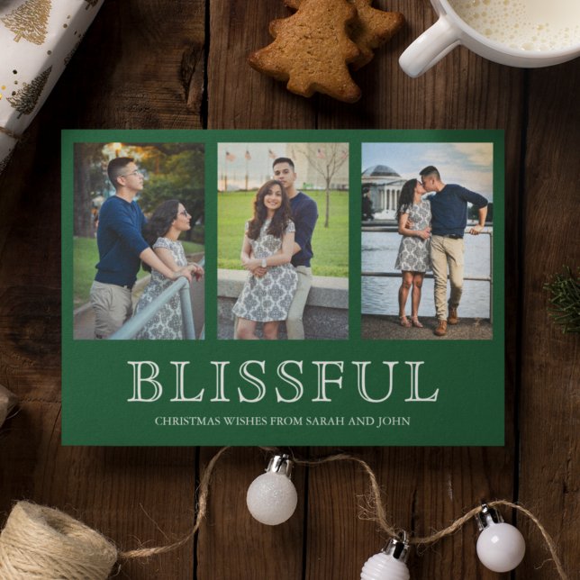 Blissful Christmas | Three Photo Collage Holiday Card (Creator Uploaded)
