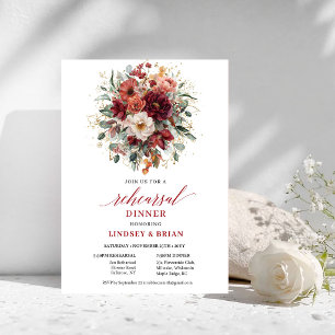 Blissful Fall Marsala Floral Rehearsal Dinner Invitation
