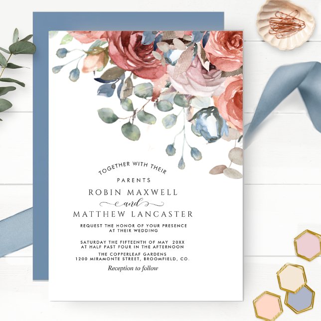 Blissful Floral Dusty Blue and Blush Wedding Invitation (Creator Uploaded)