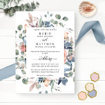 Blissful Floral Dusty Blue and Greenery Wedding Invitation<br><div class="desc">Delight your guests with this breathtaking botanical floral invitation, with gorgeous hand painted watercolor delicate bouquet in a exquisite greenery foliage and small flower details in a blend of blush pinks, peach, ivory, soft coral, dusty blue and blue tones. Overlay elegant frame with your details. Modern calligraphy elements. Card's back...</div>