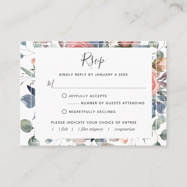 Blissful Floral, Dusty Blue et Greenery Carte RSVP (Devant)