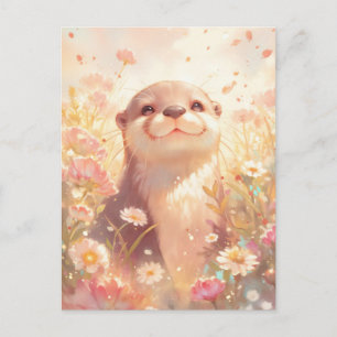 Blissful Otter in Sunny Pastel Meadow Postcard