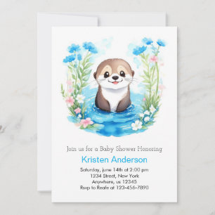 Blissful Otter Watercolor Floral Boy Baby Shower Invitation