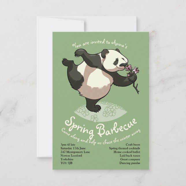 Blissful Panda Smelling Blossom Flowers With Text Invitation (Front)