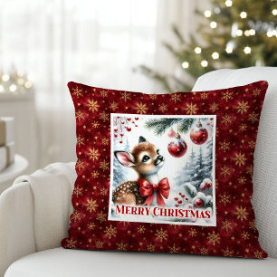 Blissful snowy forest Christmas scene baby deer  Throw Pillow