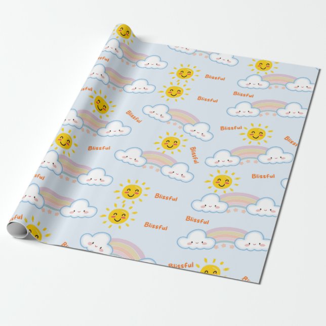 Blissful Sunshine & Rainbow Happy Clouds, Sun Wrapping Paper (Unrolled)