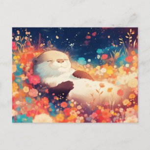 Blissful Watercolor Otter Floral Meadow Postcard
