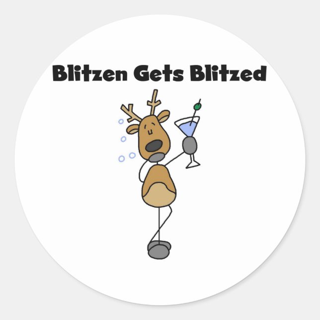 Blitzen Gets Blitzed Reindeer Humour Classic Round Sticker (Front)