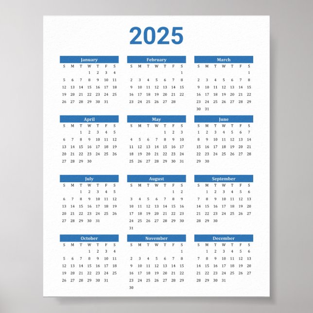Bliue and White 2025 Year At A Glance Calendar Poster (Front)