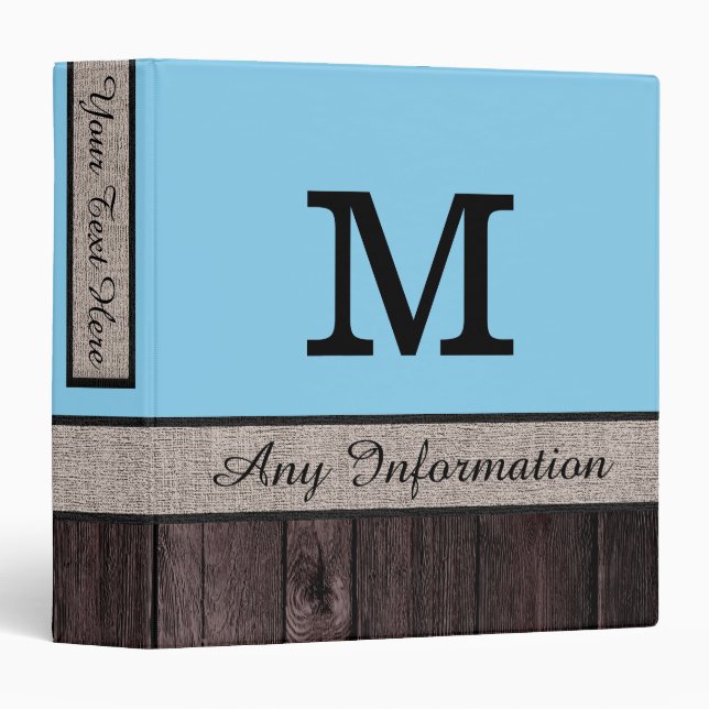 Blizzard Blue Colour Rustic Look Wood Monogram Binder (Front/Spine)