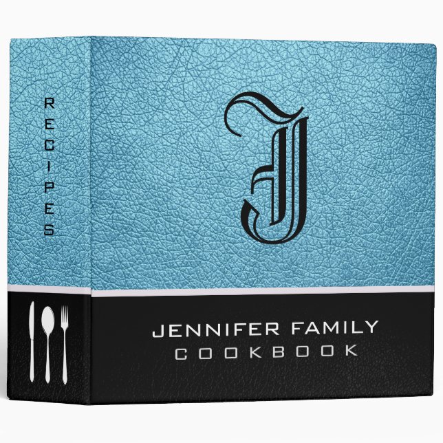 Blizzard Blue Leather Family Recipes Monogram Binder (Front/Spine)