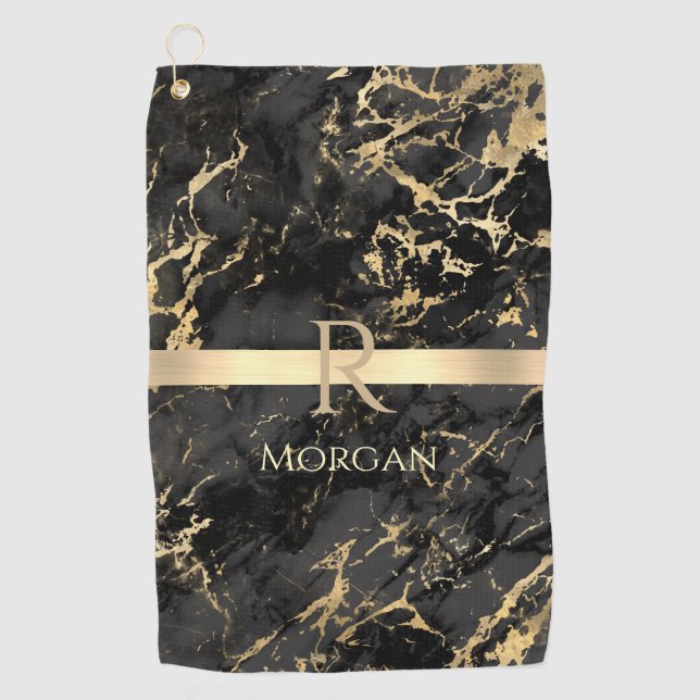 Blk/Gold Marble Gold Stripe DIY Gold Monogram Name Golf Towel (Front)