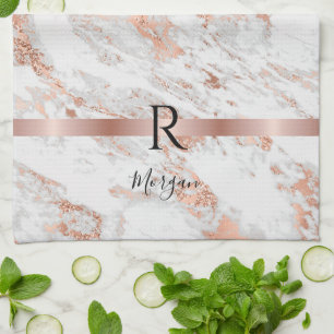 Blk Name/Monogram White+Rose Gold Marble Glitter 2 Kitchen Towel