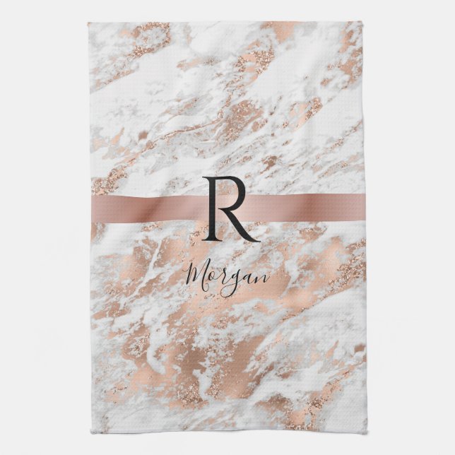 Blk Name/Monogram White & Rose Gold Marble Glitter Kitchen Towel (Vertical)