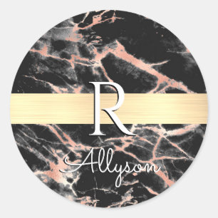 Blk & Rose Gold Marble Gold Bar, Wht Name Monogram Classic Round Sticker