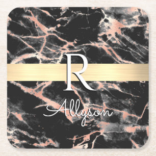 Blk & Rose Gold Marble Gold Bar, Wht Name Monogram Square Paper Coaster