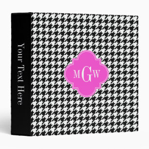 Blk Wht Houndstooth Hot Pink Quatrefoil 3 Monogram Binder