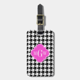 Blk Wht Houndstooth Hot Pink Quatrefoil 3 Monogram Luggage Tag