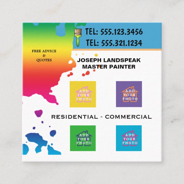 Blobs Paint for Professional Painter & 4 Photos Square Business Card (Front)
