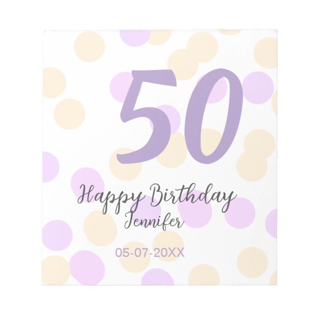 Bloc-note 50th birthday add name date purple orange polkadot (Devant)