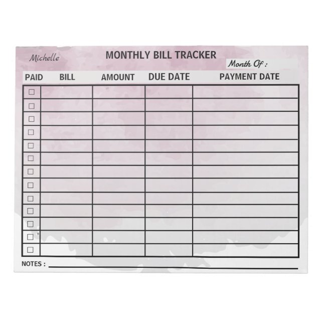 Bloc-note Ajouter votre nom Mois Bill Tracker Aquarelle (Devant)
