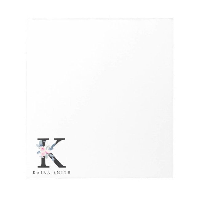 BLOC-NOTE ALPHABÈTES FLORAUX BLEU DOUX NOM LETTRE K (Devant)