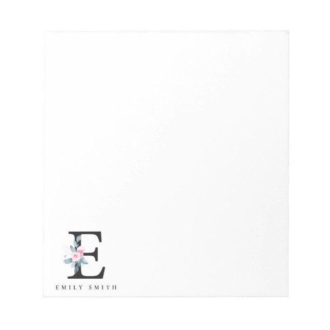 BLOC-NOTE ALPHABÈTES FLORAUX BLEUS DOUX NOM LETTRE E (Devant)