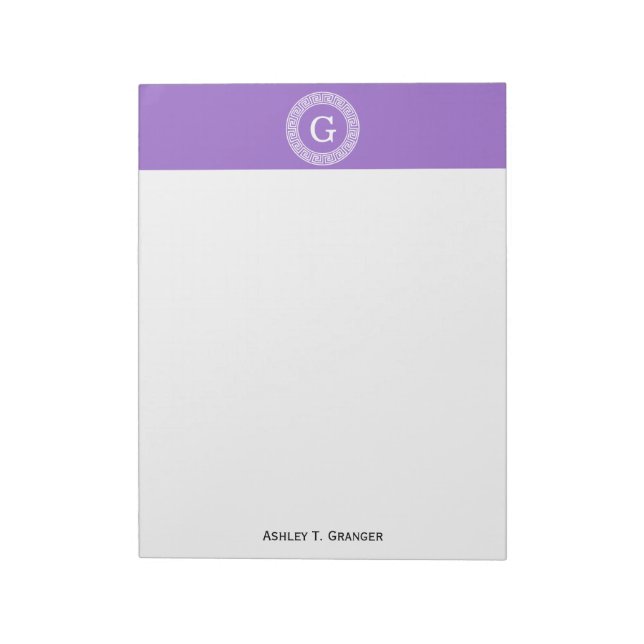 Bloc-note Améthyste Wht Cadre Rnd Clé Grecque Monogramme Ini (Tourné)