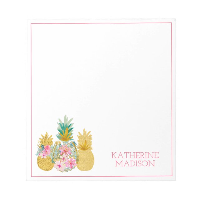 Bloc-note Ananas floraux tropicaux rose et or (Devant)
