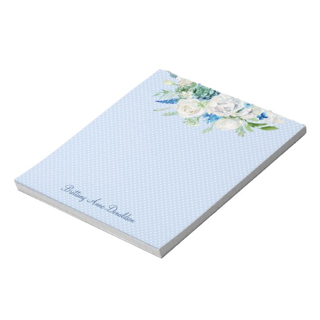 Bloc-note Aquarelle bleu blanc point Floral Custom Monogramm (Tourné)