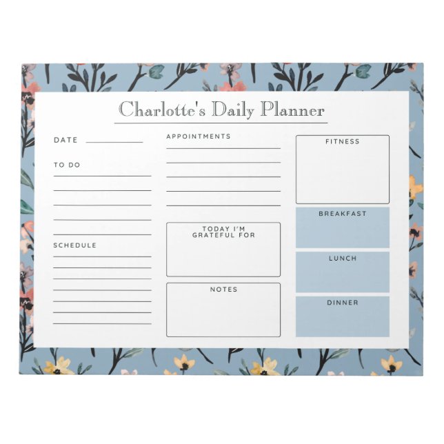 Bloc-note Aquarelle bleu rustique Boho doux Floral Personnal (Devant)