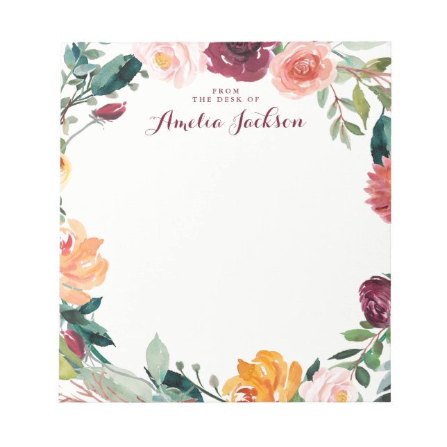 Bloc-note Aquarelle Bourgogne Fleur personnalisée Papier (Devant)