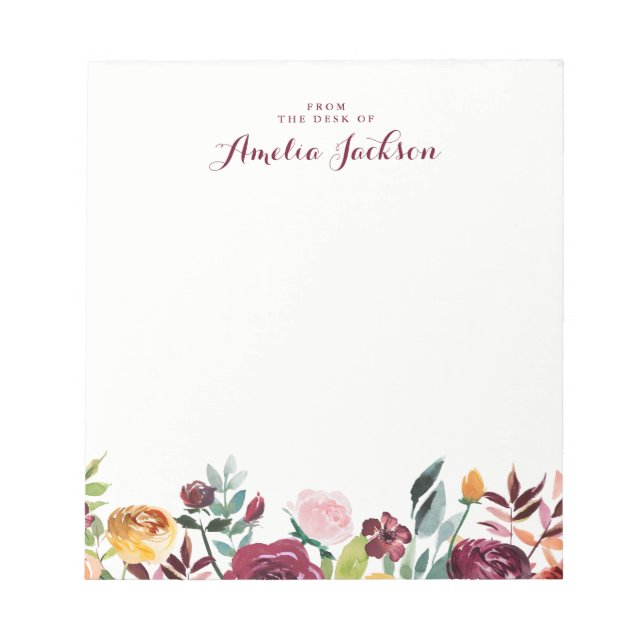 Bloc-note Aquarelle Bourgogne Floral Papier Personnalisé (Devant)