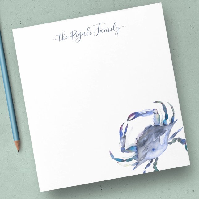 Bloc-note Aquarelle Crabe Bleu Papier à lettres personnalisé (custom note pad beach blue watercolor crab )