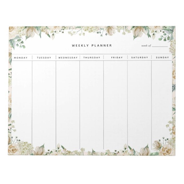 Bloc-note Aquarelle de crème Floral Planificateur hebdomadai (Devant)