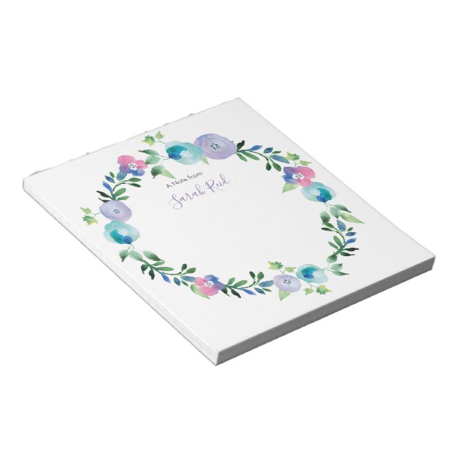 Bloc-note Aquarelle florale bleu pourpre personnalisée Bloc- (Incliné)
