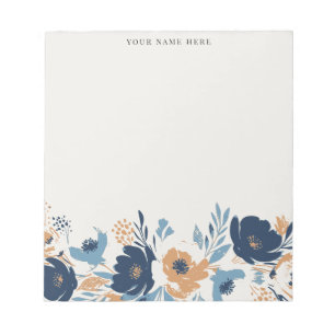 Bloc-note Aquarelle florale bleu poussiéreux et orange avec